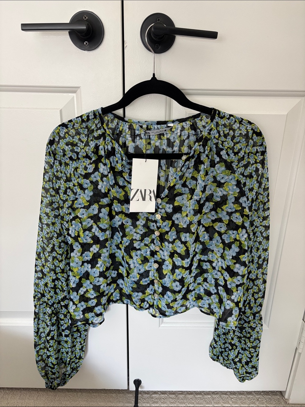 Zara Black Floral Blouse with Blue & Green Print